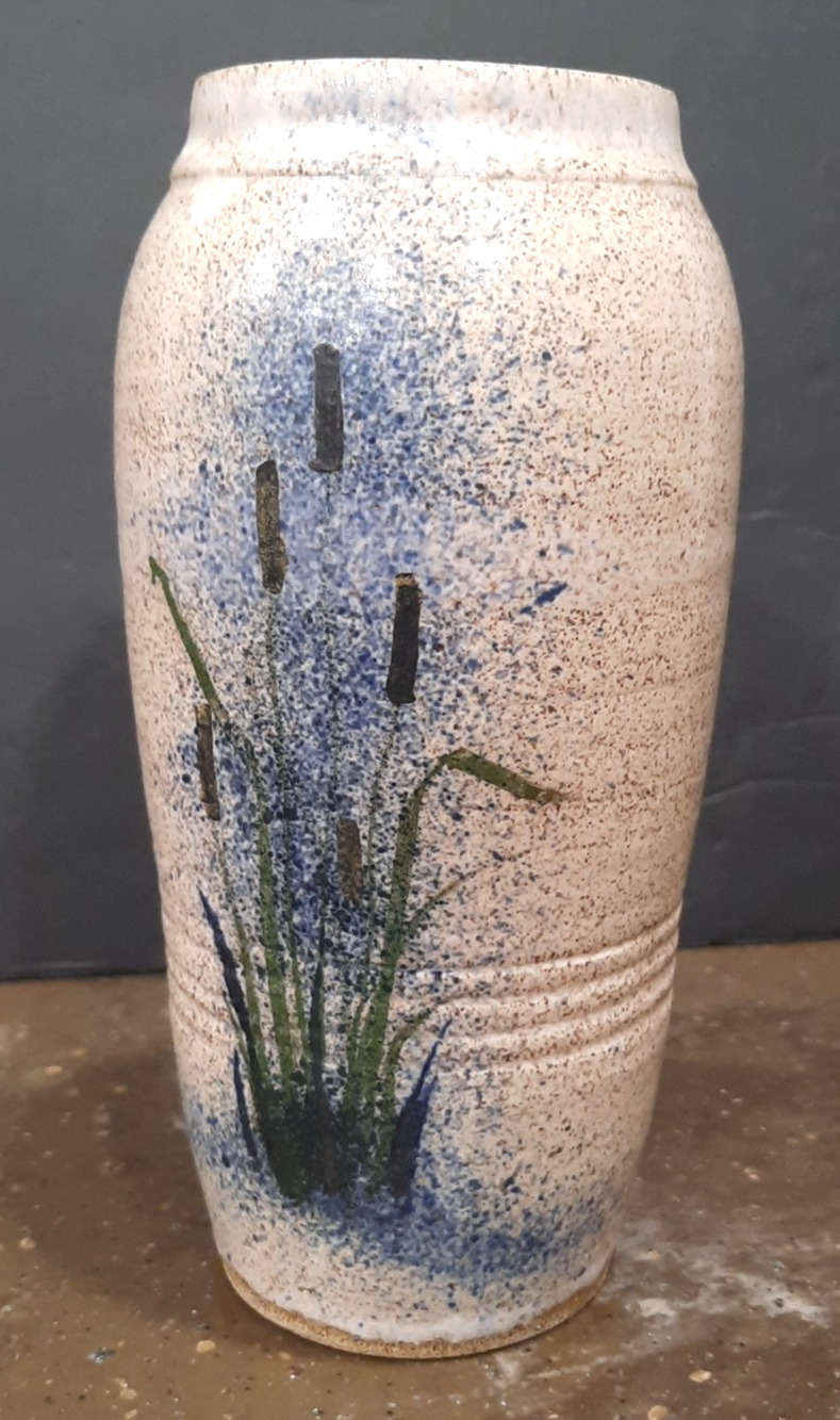 9" Cattails Handmade Studio Art Pottery Vase Beige White Adirondack Rustic Matte